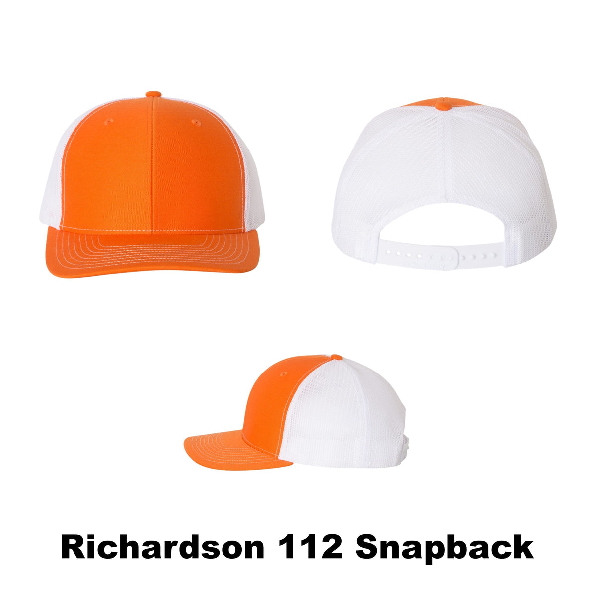 Blank Richardson 112 Snapback Trucker (Orange / White) cap for hat style and color reference; 2x3-inch VELCRO® Brand loop panel not shown