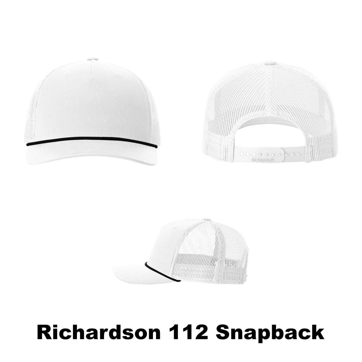Blank Richardson 112 snapback trucker hat, white on white, with black rope color combination