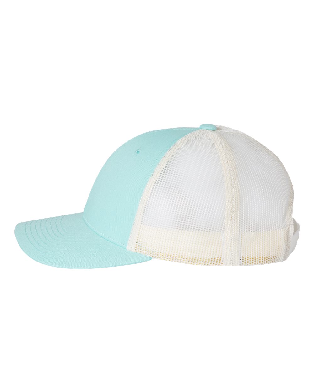 Two baseball caps, one light blue and one white, on a white background