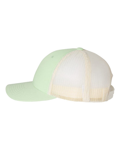 Two-tone cap with green front and white back on a white background