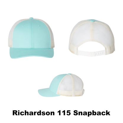 Blank Richardson 115 snapback trucker hat, aruba blue on birch color combination