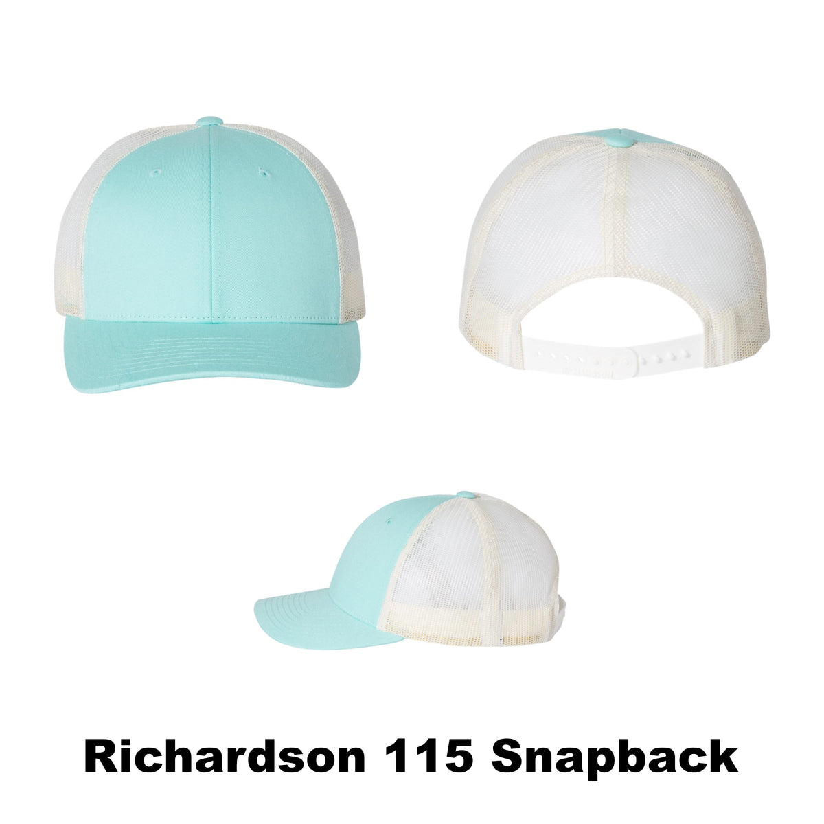 Blank Richardson 115 Snapback Trucker (Aruba Blue / Birch) cap for hat style and color reference; 2x3-inch VELCRO® Brand loop panel not shown