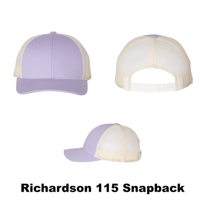 Blank Richardson 115 snapback trucker hat, lilac on birch color combination