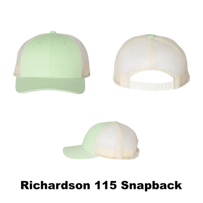 Blank Richardson 115 snapback trucker hat, patina green on birch color combination