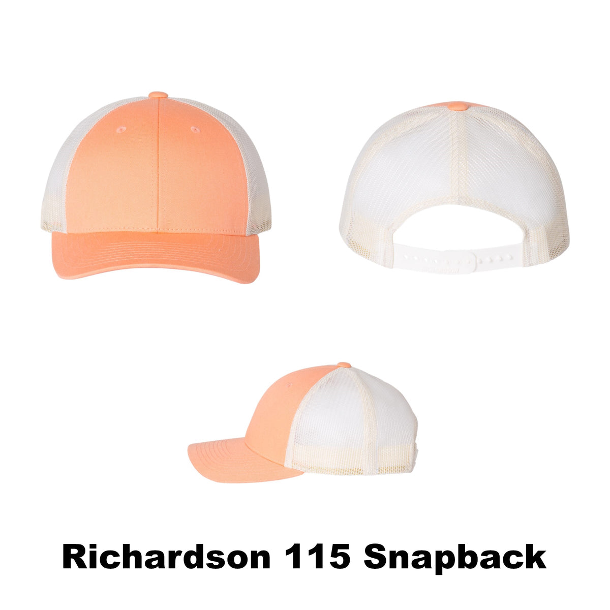 Blank Richardson 115 snapback trucker hat, sunkissed peach on birch color combination