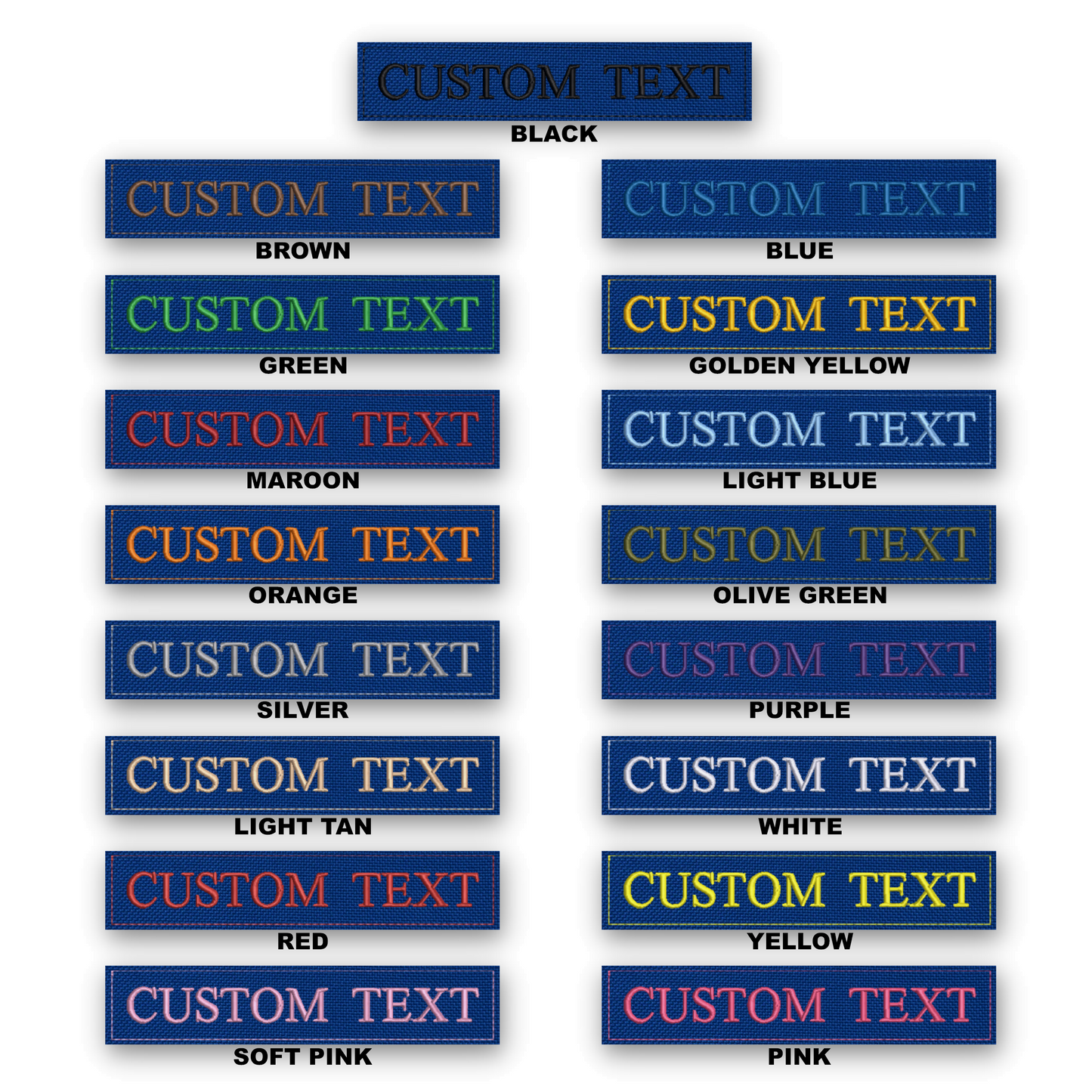 A product display sheet showing multiple rectangular patches with customizable text on a white background. The top patch reads 'CUSTOM TEXT' in black.