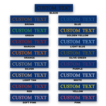 A product display sheet showing multiple rectangular patches with customizable text on a white background. The top patch reads 'CUSTOM TEXT' in black.