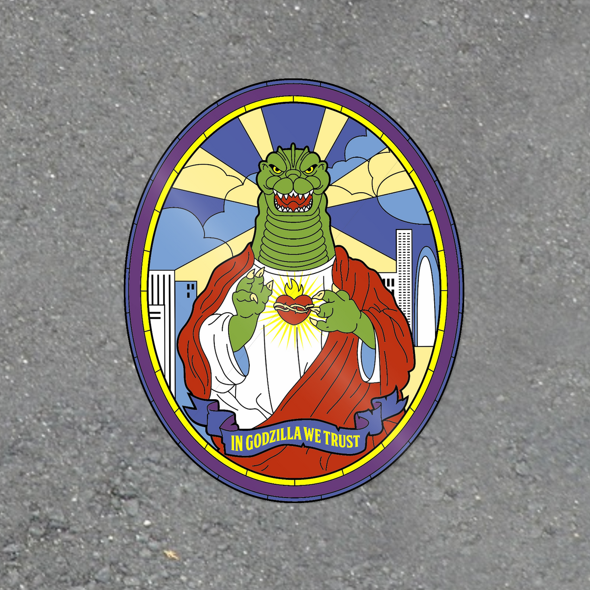In Godzilla We Trust green monster in saint-style robes and halo glossy vinyl laptop sticker