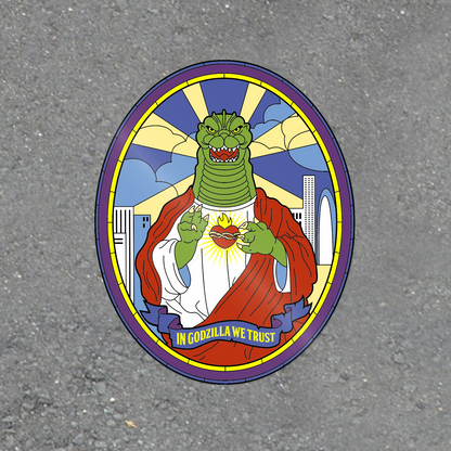 In Godzilla We Trust green monster in saint-style robes and halo glossy vinyl laptop sticker