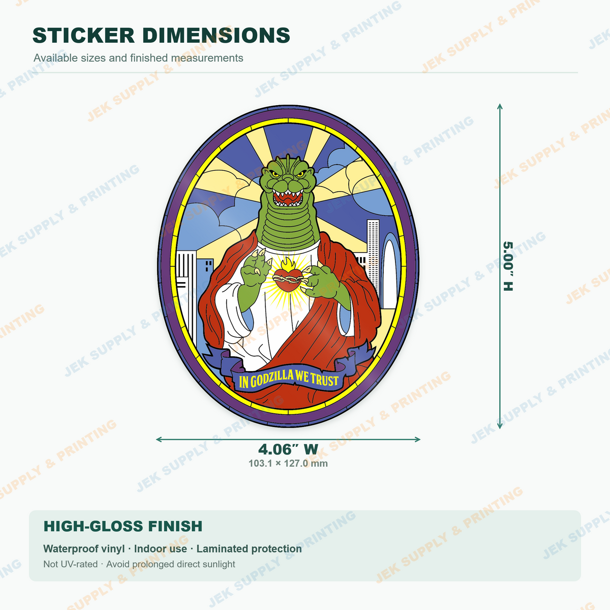 In Godzilla We Trust green monster in saint-style robes and halo vinyl sticker 5 inch height dimension guide
