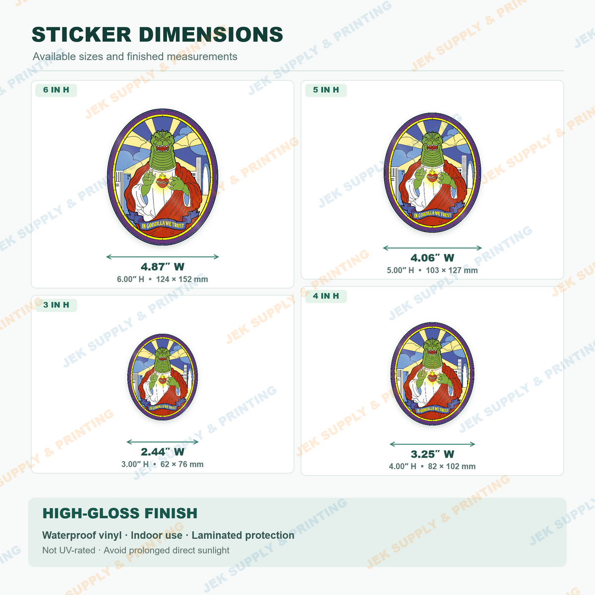 In Godzilla We Trust green monster in saint-style robes and halo sticker size chart showing 3, 4, 5 and 6 inch options