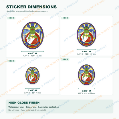 In Godzilla We Trust green monster in saint-style robes and halo sticker size chart showing 3, 4, 5 and 6 inch options