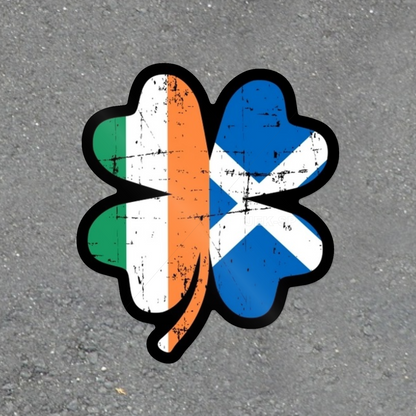 Scotch-Irish four leaf clover with Scotland and Ireland flags glossy vinyl laptop sticker