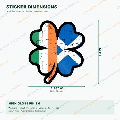 Scotch-Irish four leaf clover with Scotland and Ireland flags sticker 3 inch height dimensions