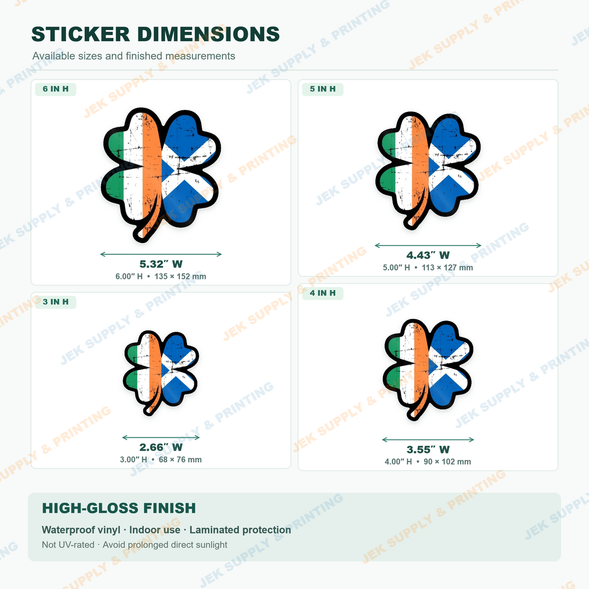 Scotch-Irish four leaf clover with Scotland and Ireland flags sticker size comparison showing 3, 4, 5 and 6 inch heights