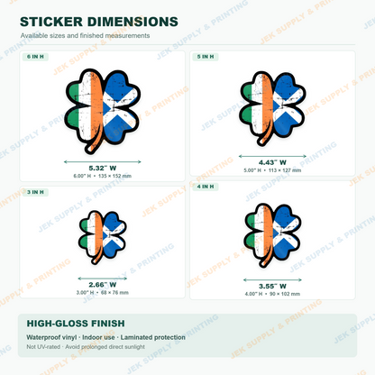 Scotch-Irish four leaf clover with Scotland and Ireland flags sticker size comparison showing 3, 4, 5 and 6 inch heights