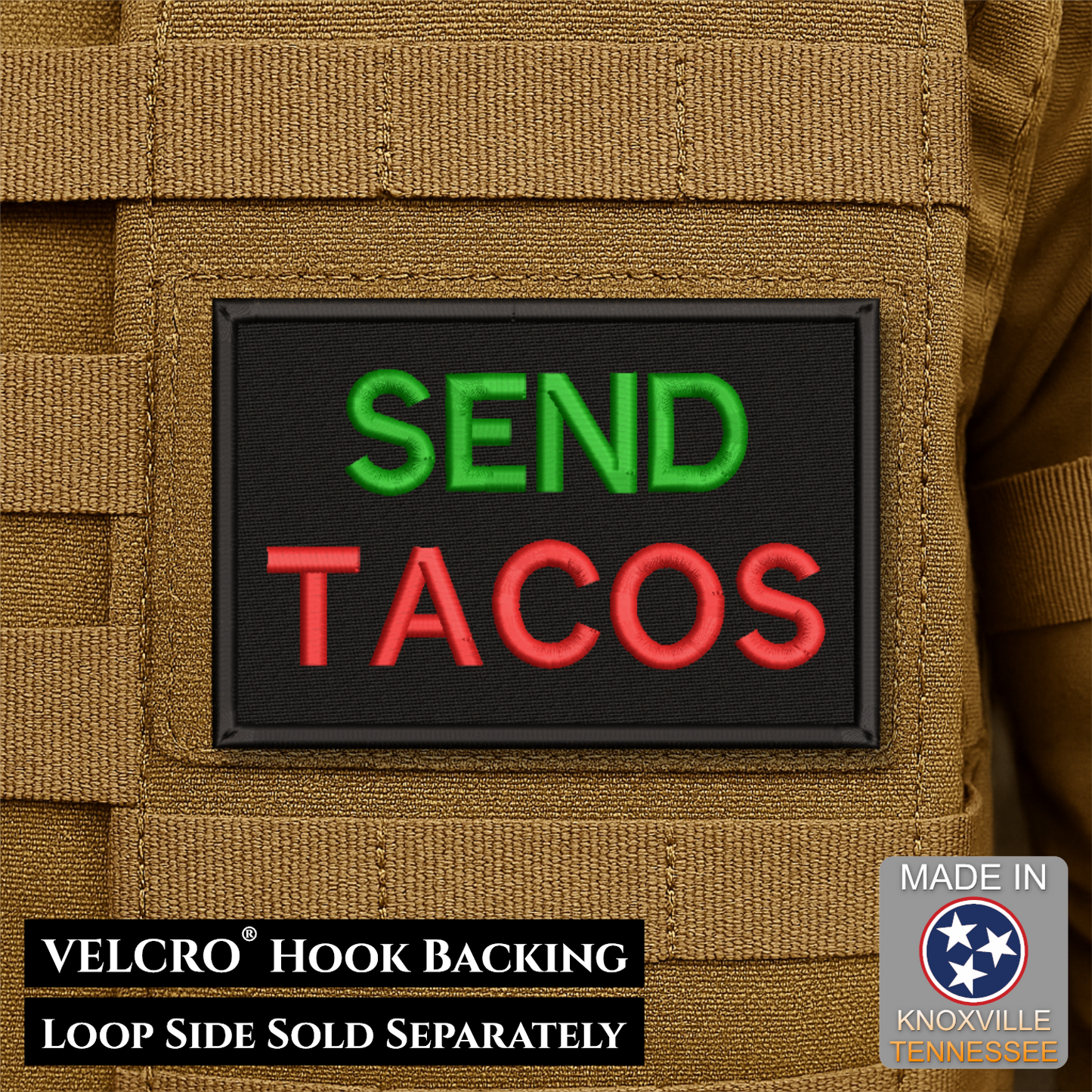 Send Tacos Funny Morale Patch, 2x3" | Made in USA | VELCRO® Brand Hook Backing