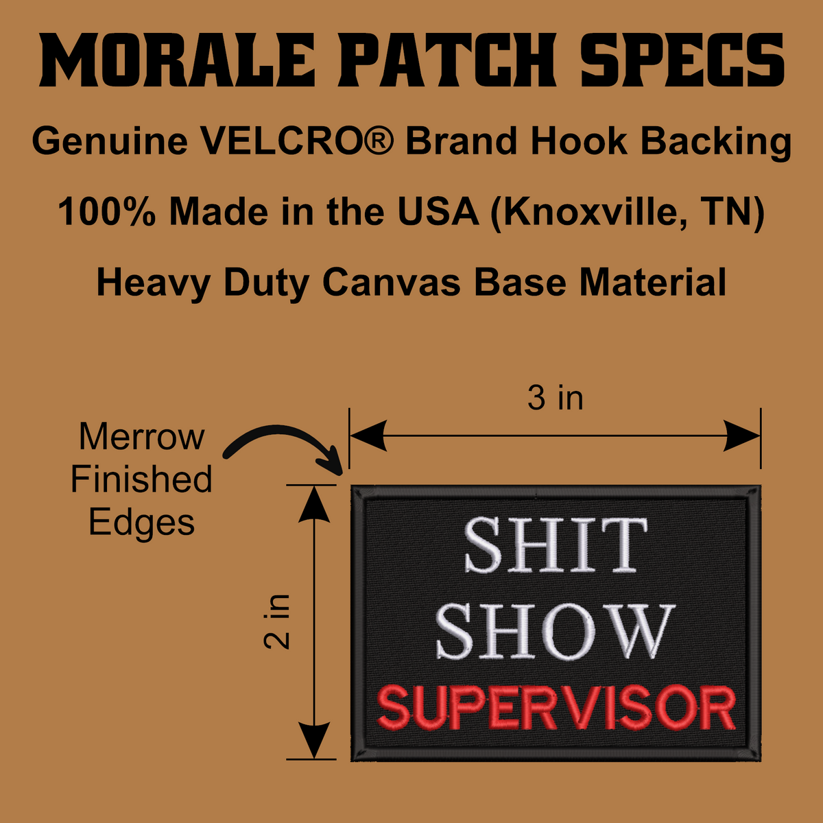 A product specification graphic for a morale patch. The patch is shown on a tan background with text reading 'MORALE PATCH SPECS' and dimensions labeled 3 in by 2 in.