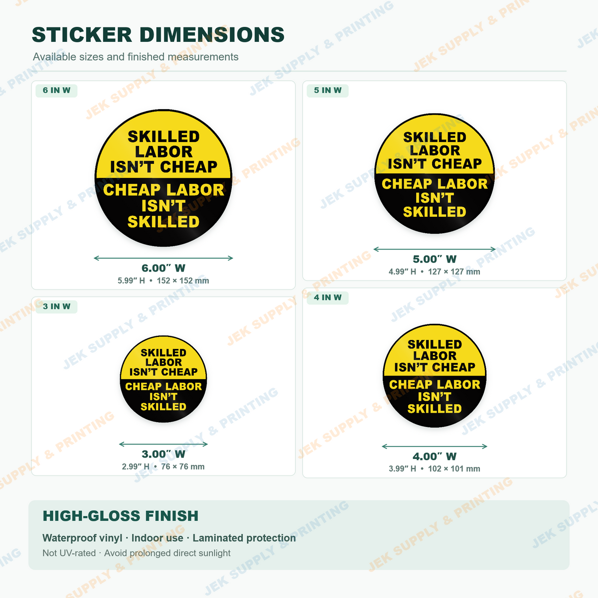Skilled Labor Isn't Cheap yellow and black contractor trade humor sticker size comparison showing 3, 4, 5 and 6 inch widths