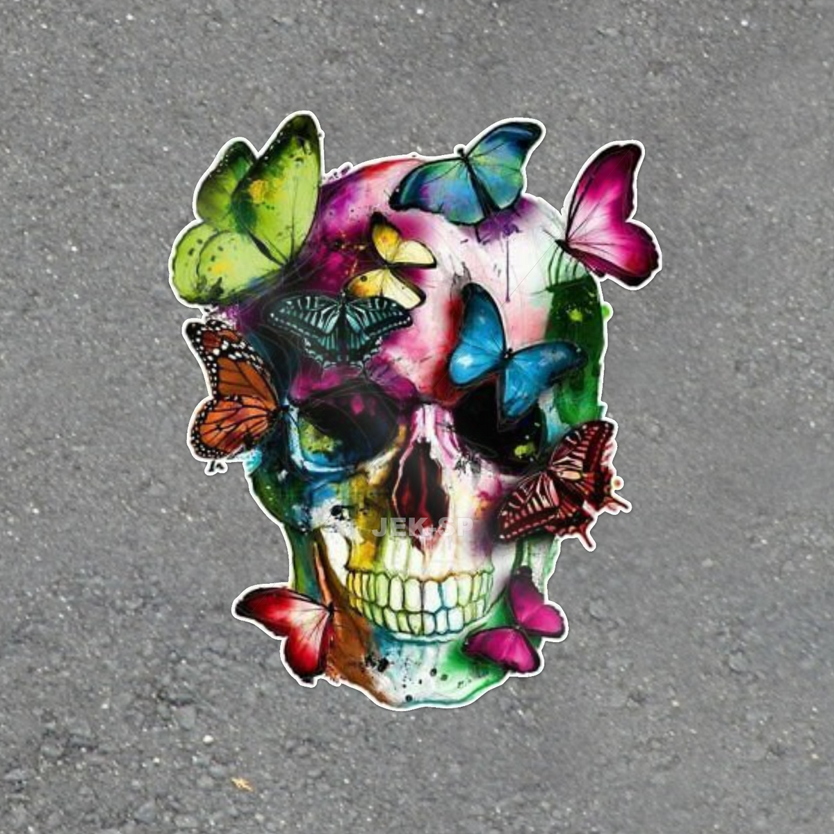 Colorful skull and bright watercolor butterflies glossy vinyl laptop sticker