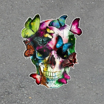 Colorful skull and bright watercolor butterflies glossy vinyl laptop sticker