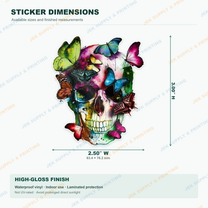 Colorful skull and bright watercolor butterflies vinyl sticker 3 inch height dimension guide