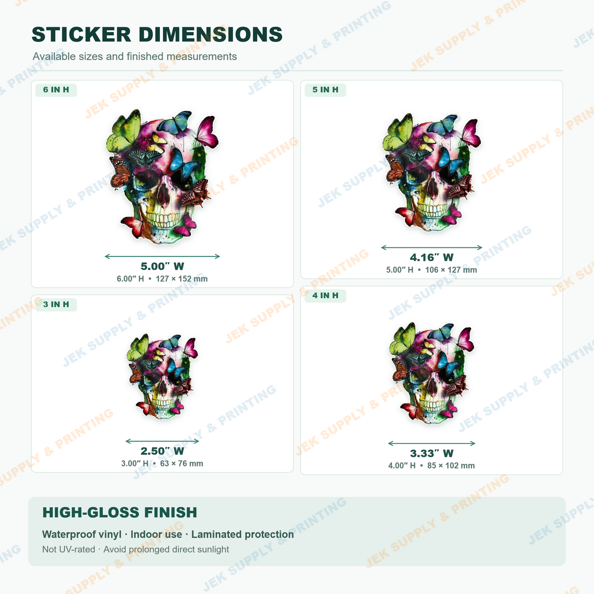 Colorful skull and bright watercolor butterflies sticker size chart showing 3, 4, 5 and 6 inch options