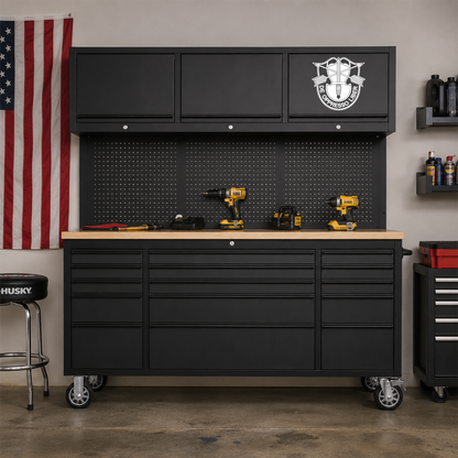 Special Forces unit crest on a black tool box in a garage.