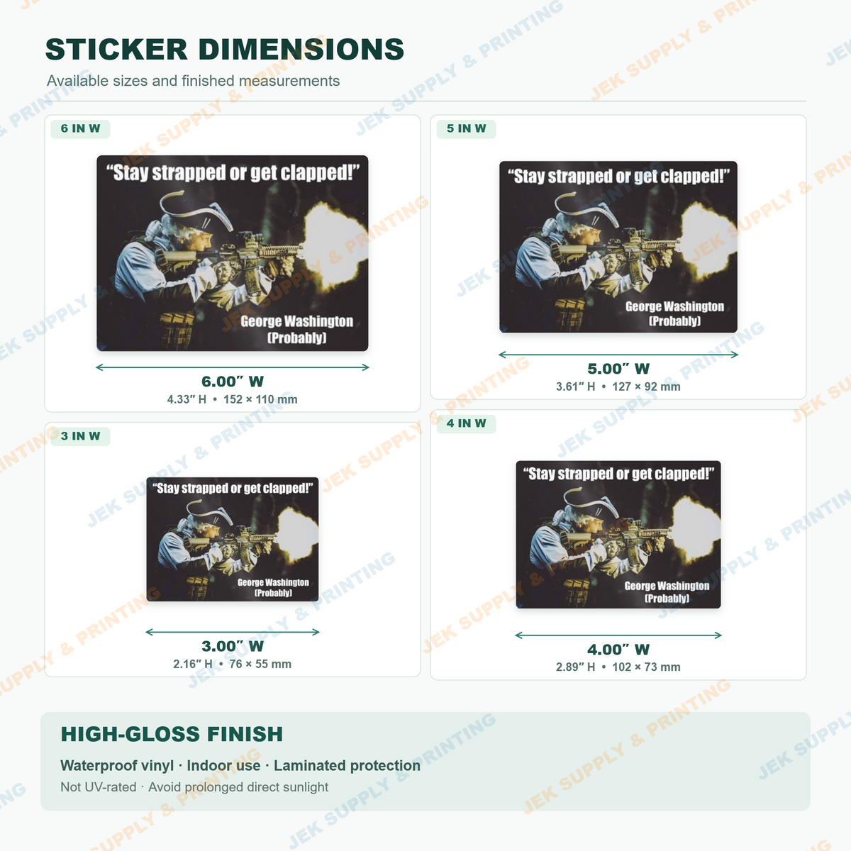 Stay Strapped or Get Clapped sticker size comparison, 3, 4, 5, 6 inch width options