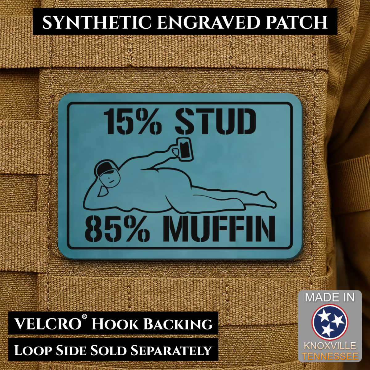 15% Stud 85% Muffin Funny Dad Bod Morale Patch, 2x3" | Made in USA | VELCRO® Brand Hook Backing