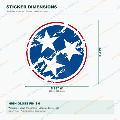 Tennessee Tri-Star vinyl decal, 6 inch height dimension guide