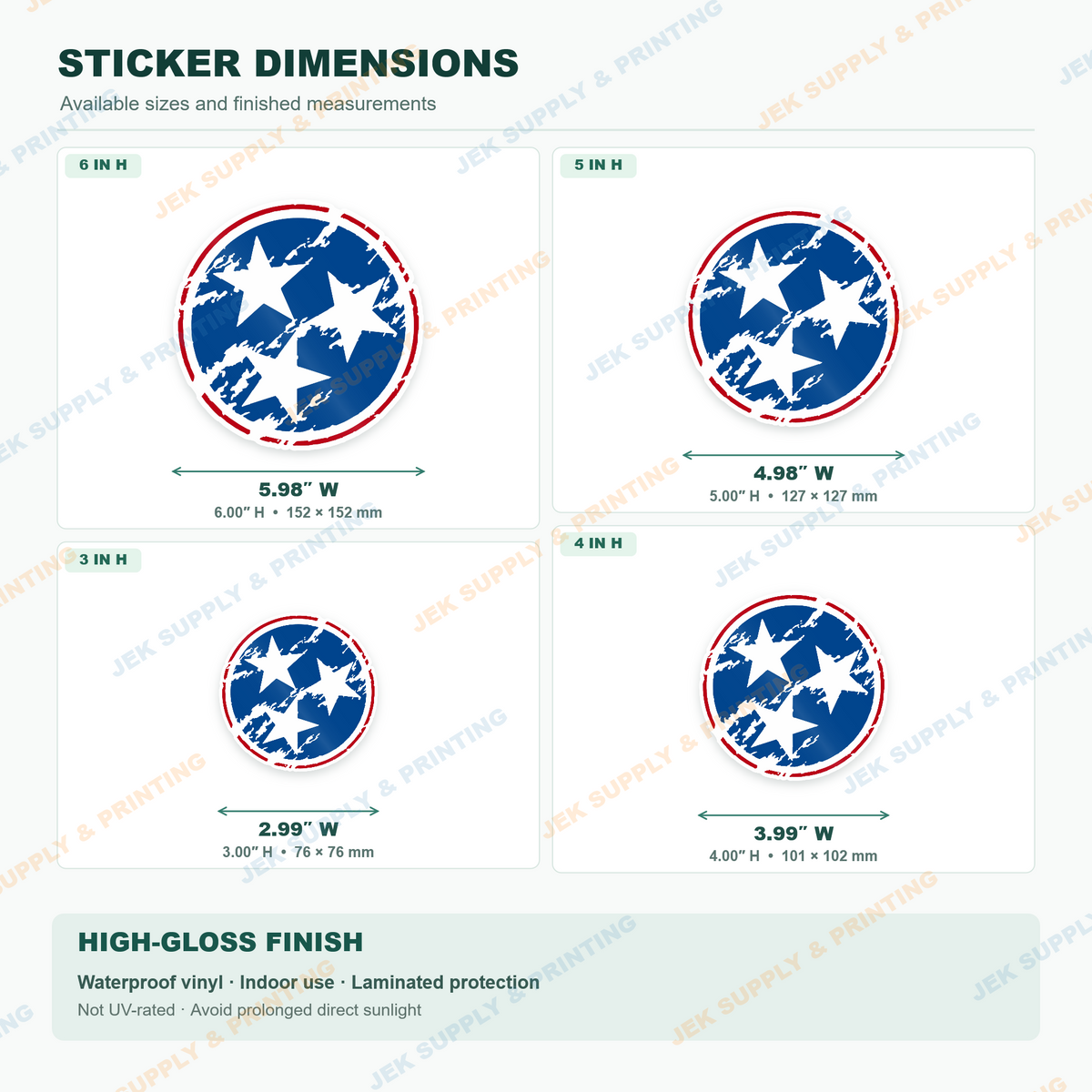 Tennessee Tri-Star sticker size comparison, 3, 4, 5, 6 inch height options