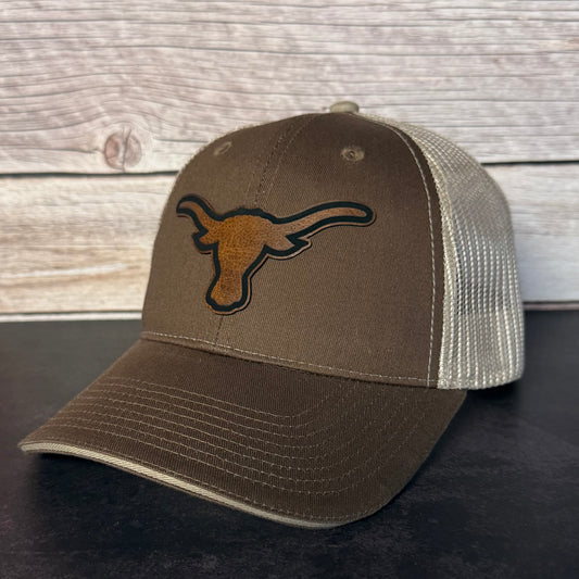 Longhorn Leather Patch Hat – Western Cattle Ranch Trucker Cap / Country Lifestyle Snapback