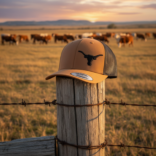 Brown cap with a black longhorn logo on a wooden post in a field with cows at sunset.