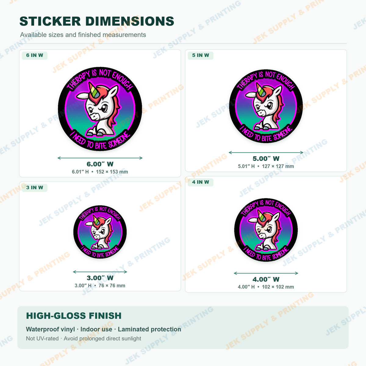 Therapy Is Not Enough funny unicorn sticker dimension chart comparing 3, 4, 5 and 6 inch sizes