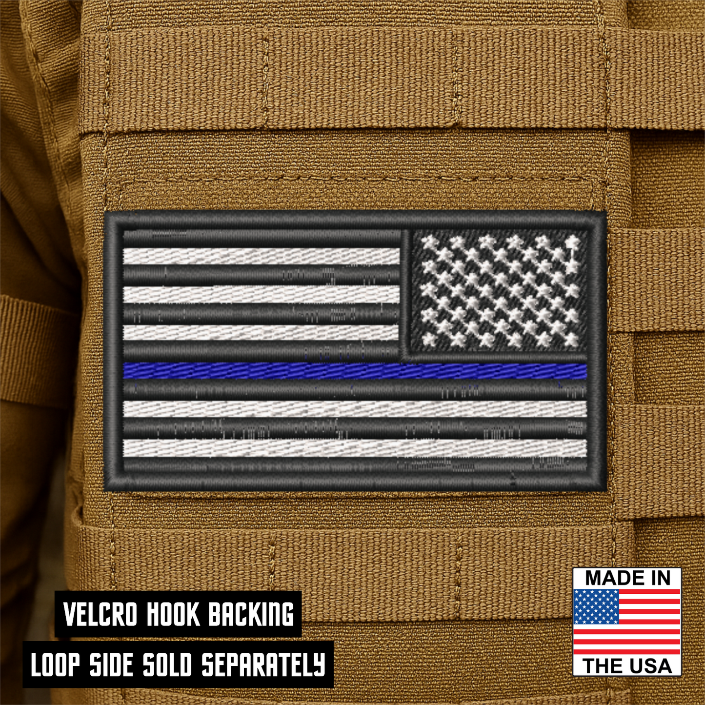Reverse Thin Blue Line American Flag Patch 2"x3.5" Hook & Loop | Made in USA