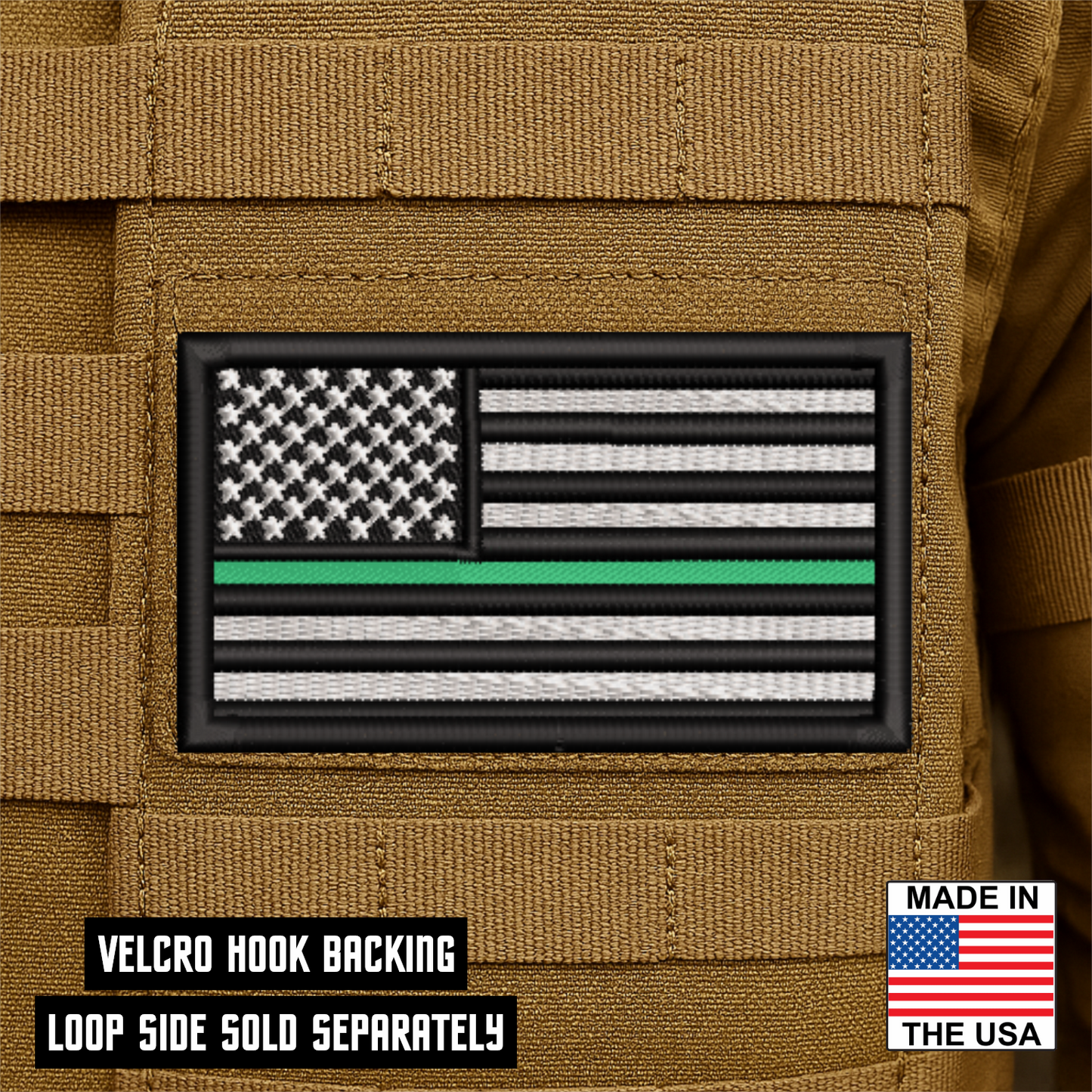 Thin Green Line American Flag embroidered tactical morale patch with hook backing attached to tactical vest