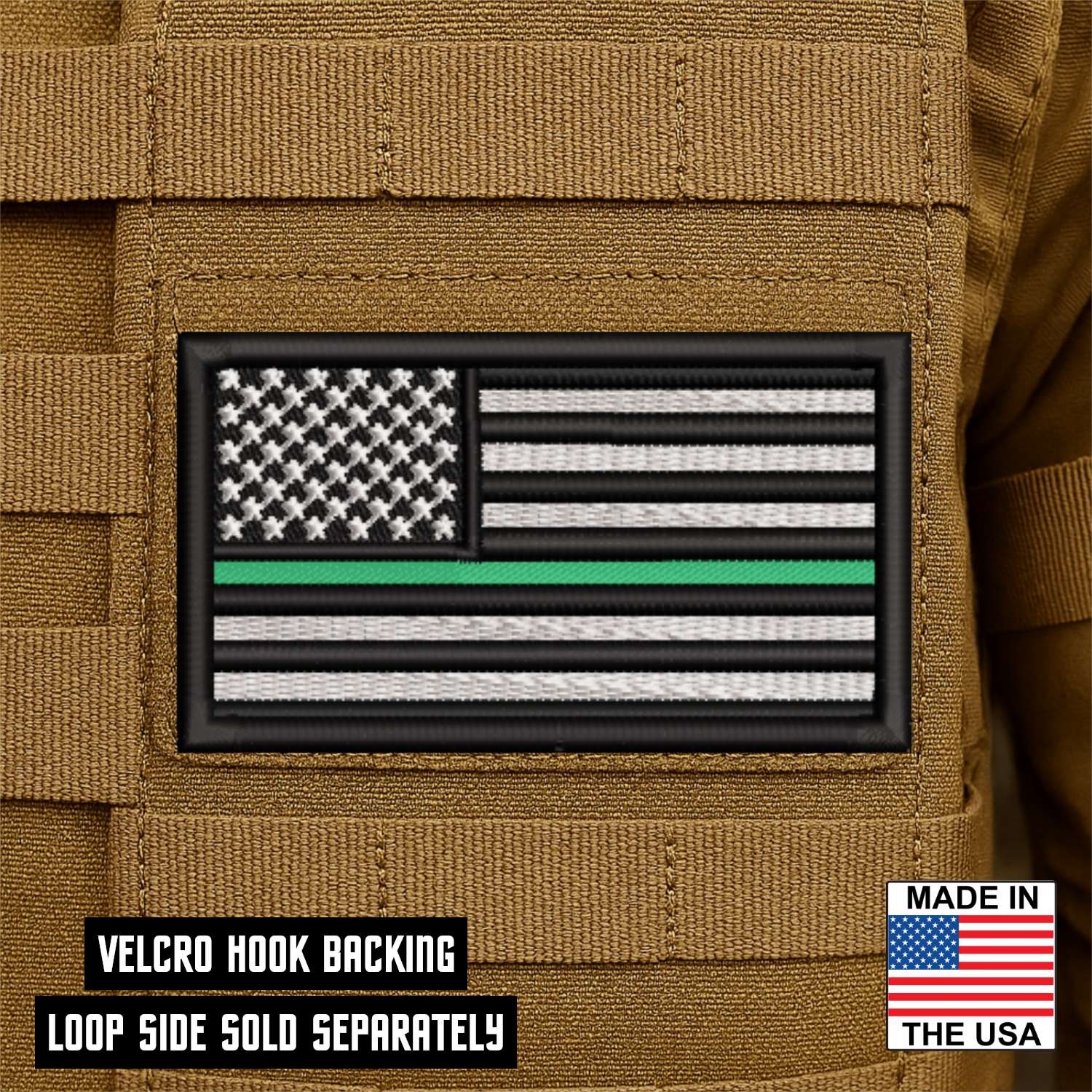Thin Green Line American Flag embroidered tactical morale patch with hook backing attached to tactical vest