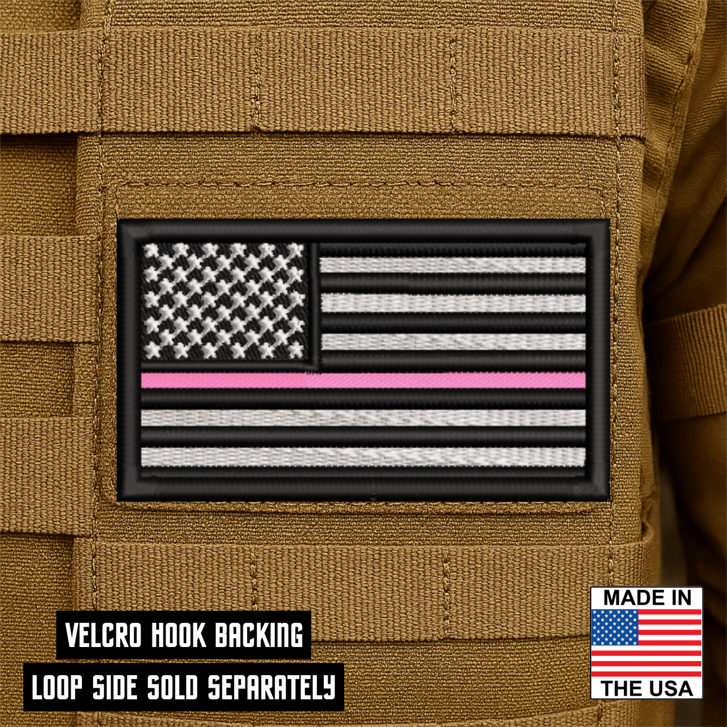 Thin Pink Line American Flag embroidered morale patch with hook backing attached to tactical vest