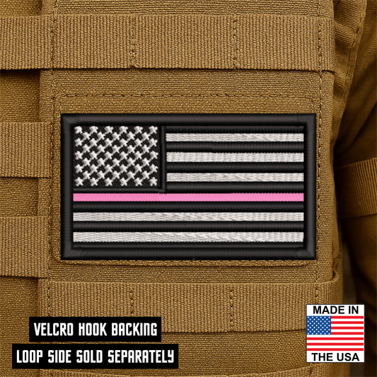 Thin Pink Line American Flag embroidered morale patch with hook backing attached to tactical vest