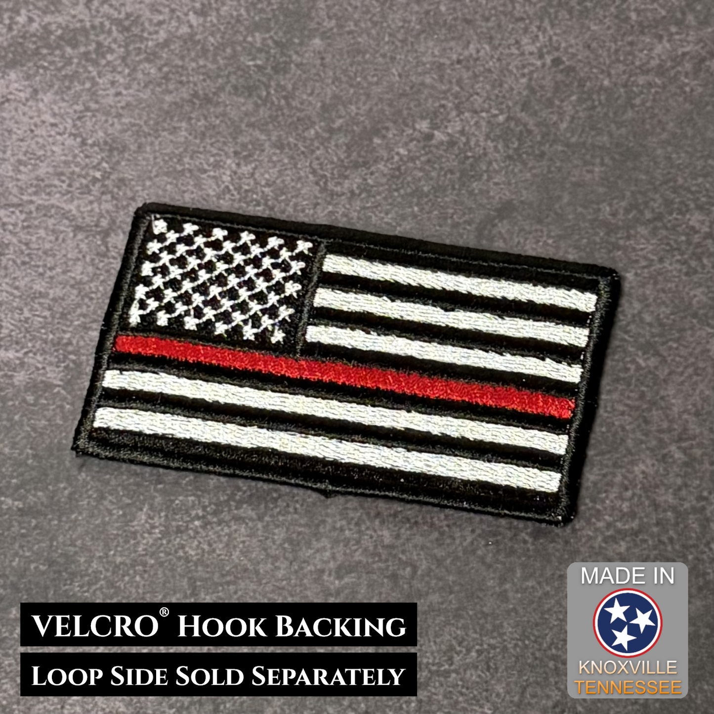 American flag patch with red and thin white line design on a gray background, featuring VELCRO hook backing information.