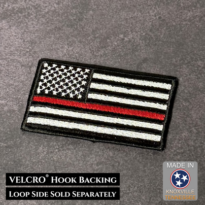 American flag patch with red and thin white line design on a gray background, featuring VELCRO hook backing information.