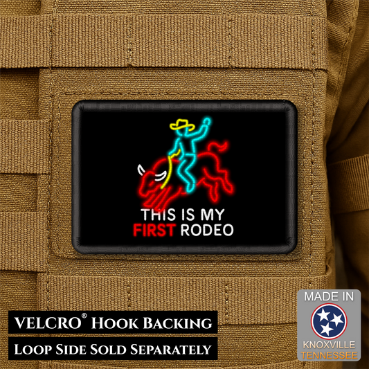 Patch with colorful rodeo design and text 'This is my first rodeo' on a brown background
