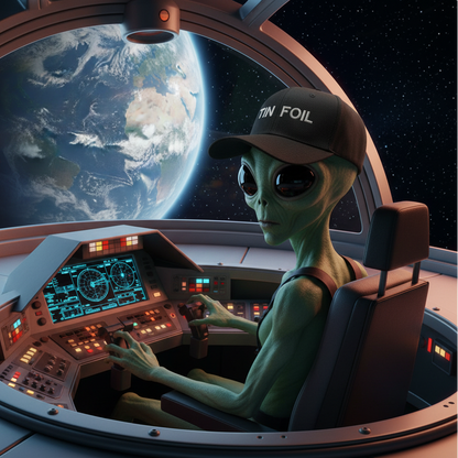Alien in a spacecraft cockpit with Earth visible through the window