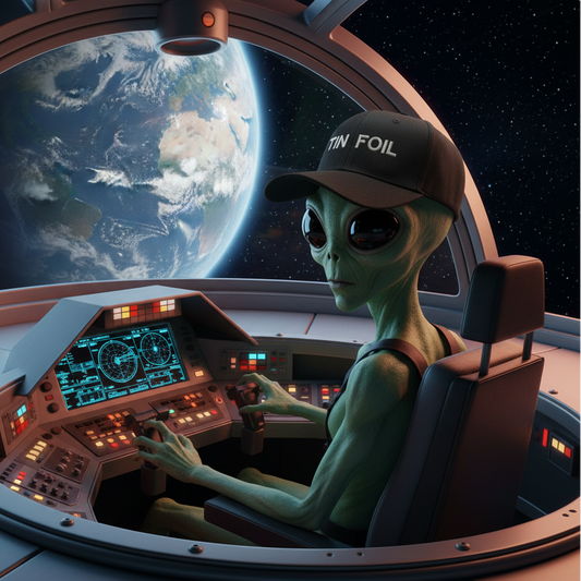 Alien in a spacecraft cockpit with Earth visible through the window