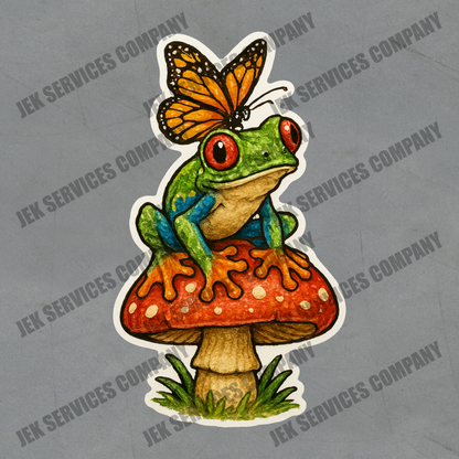 Tree Frog & Mushroom Sticker – Nature Vinyl Decal, Waterproof, Cute Woodland
