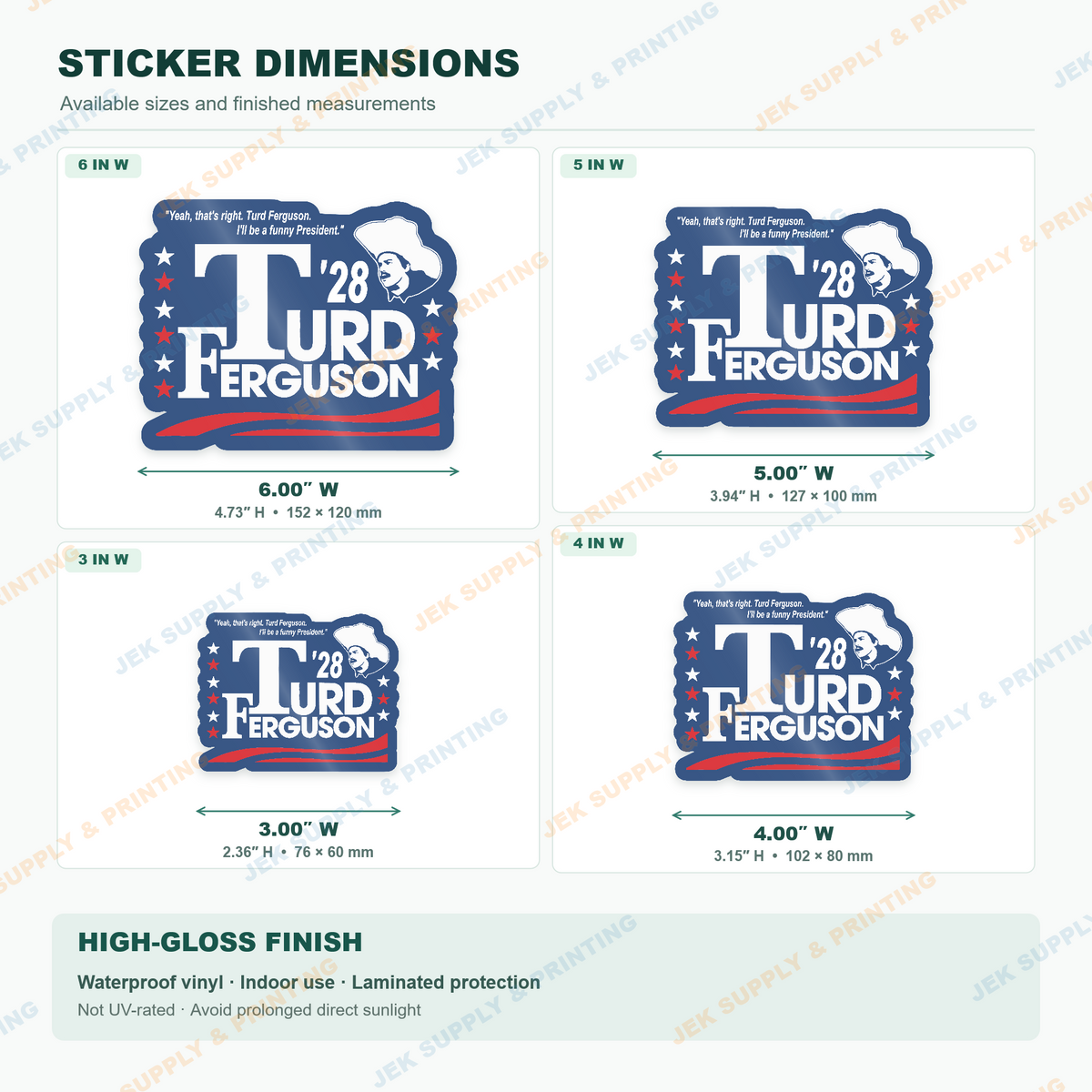 Turd Ferguson 2028 red, white and blue election parody sticker dimension chart comparing 3, 4, 5 and 6 inch sizes