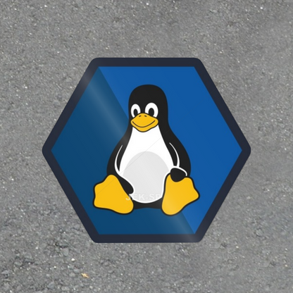 Linux Tux penguin on blue hexagon open source computer sticker, glossy vinyl laptop sticker