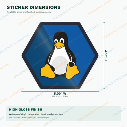 Linux Tux penguin on blue hexagon open source computer sticker, 5 inch width measurement diagram