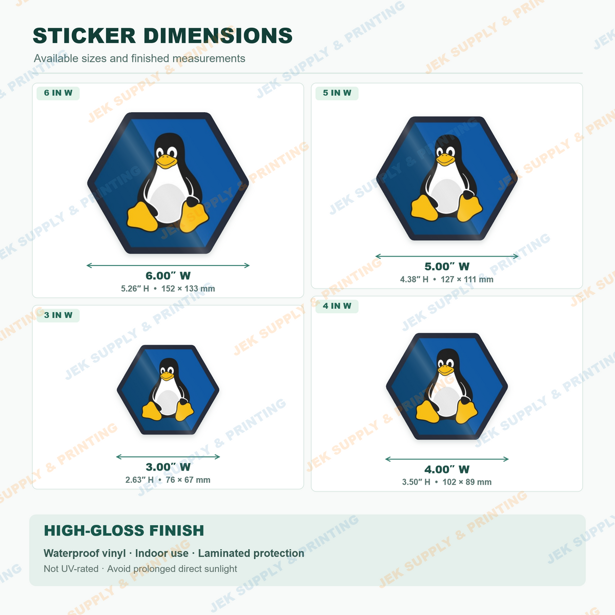 Linux Tux penguin on blue hexagon open source computer sticker, sticker size chart for 3, 4, 5 and 6 inch width options